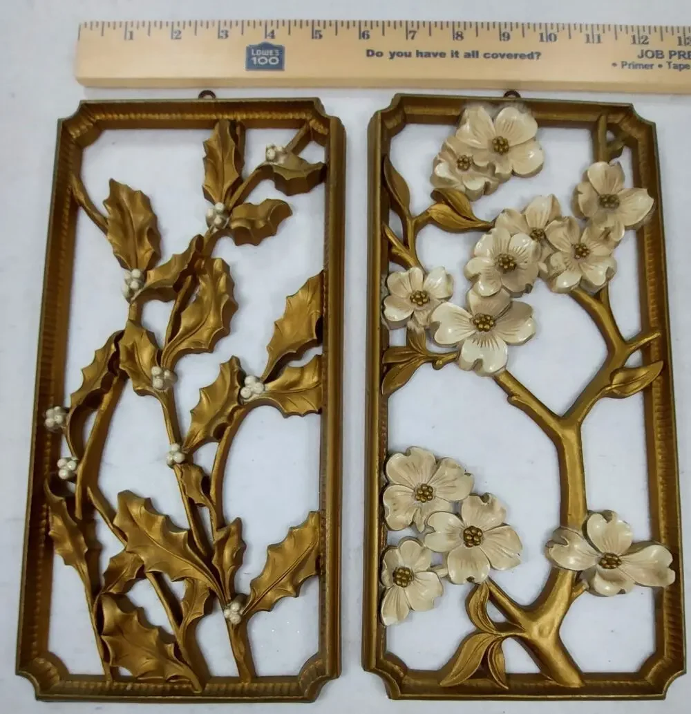Vintage MCM Dart Ind 2 Seasons Wall Plaques Gold & White Holly Dogwood Made USA